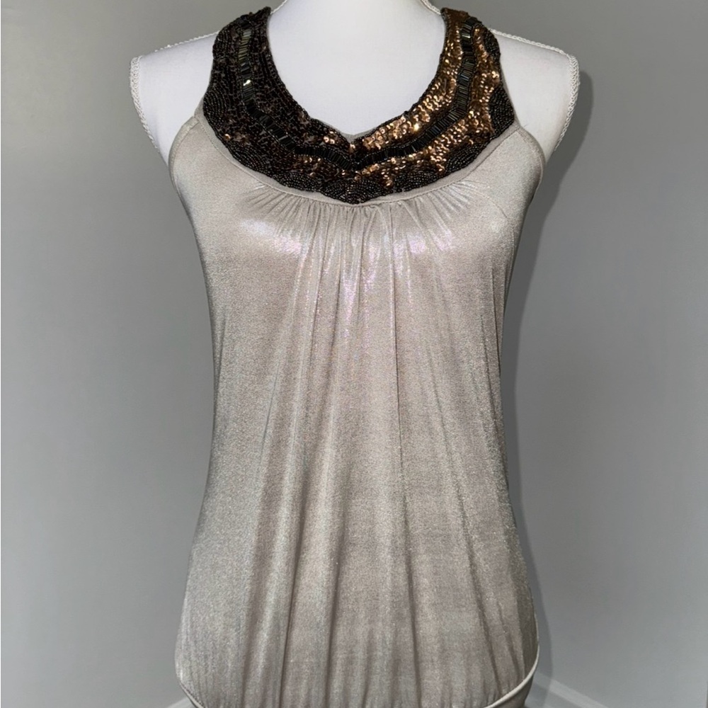 Wet Seal Metallic Beaded Halter Top Small Champagne Gold Stretch Y2K Party